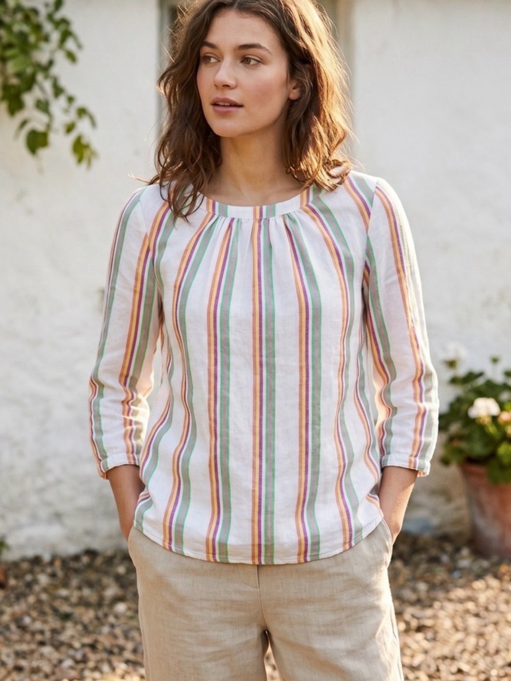 Boden Multicolored Striped Linen Quarter Sleeve Button Back Top